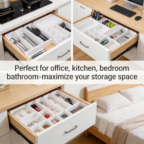 Drawer Organiser 8Pcs Interlocking Plastic Storage Trays, 3 Sizes Drawer Dividers Tidy Trays, White For Kitchen Office Desk Makeup Bathroom Jewellery Stationery - Image 5