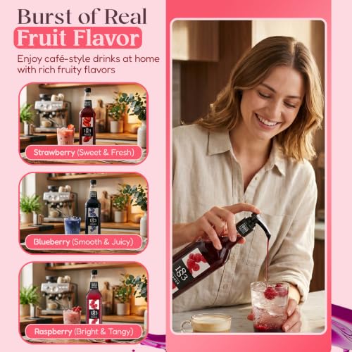 Image of 1883 Strawberry, Blueberry, Raspberry Syrups (Berry Lovers) for Drinks - 1 Liter Plastic Bottles (Pack of 3)