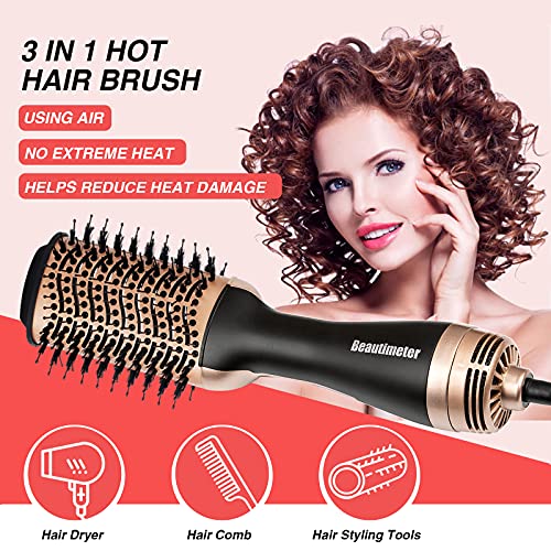 Beautimeter Blow Dryer Brush, Hot Air Brush One Step Hair Dryer and Styler Volumizer, 4 in 1 Negative Ionic Hair Styler with Oval Barrel for Smooth, Frizz-Free Hair Types, Black & Gold