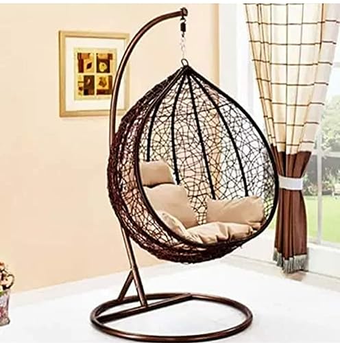 Image of Single Seater Swing Chair with Stand and Cushion Hammock Swing for Adult Outdoor Indoor Garden Living Room Balcony Hanging Chair (Brown Khaki)