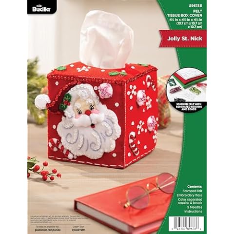 Bucilla, Jolly St. Nick, Felt Applique Tissue Box Cover Kit, Perfect for Holiday DIY Arts and Crafts, 89678E Cover