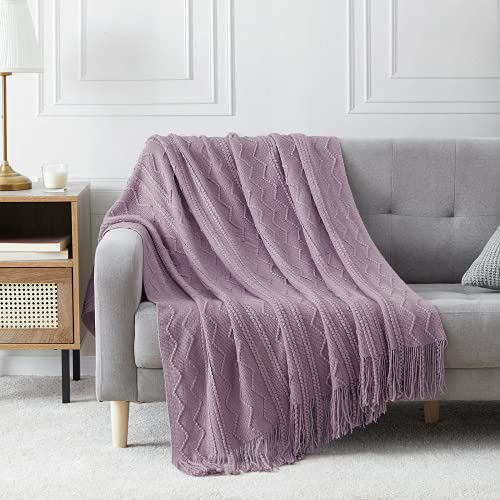 Image of BOURINA Throw Blanket Textured Solid Soft Sofa Throw Couch Cover Knitted Decorative Blanket, 50 x60 Inches Light Lavender
