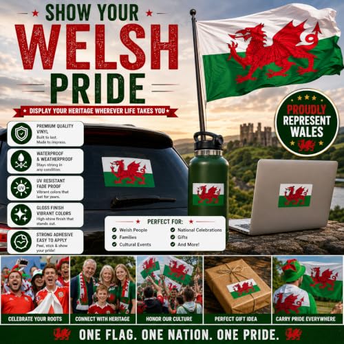 Image of Wales Vinyl Flag Stickers, Car Decals, Waterproof Indoor Outdoor, Laptop Stickers, Car Bumper, Welsh Flag, 5 x 3 Inches, Set of 3