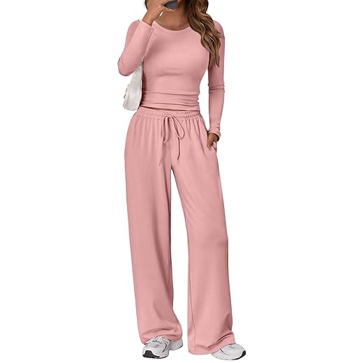 Trendy Queen Women's 2 Piece Matching Lounge Set Long Sleeve Slightly Crop Top Wide Leg Pants Casual Sweatsuit