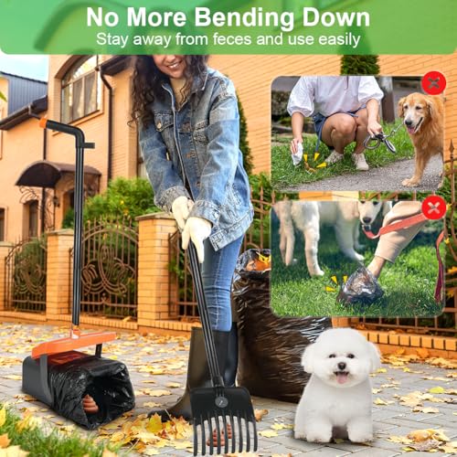 AMFUN Hundekotschaufel, 46' Großer Hundekotschaufel, Hundekotschaufel und Harke Set mit Verstellbarem Langem Griff, drehbar, für Große Mittelgroße Kleine Hunde Gras Kies, mit 50 Müllsäcken