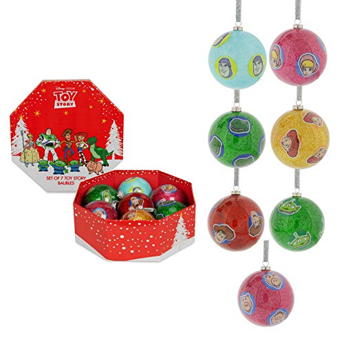 Santa Express Disney Toy Story 4 Set of 7 Glitter Christmas Baubles, Red, Green, Gold, Silver