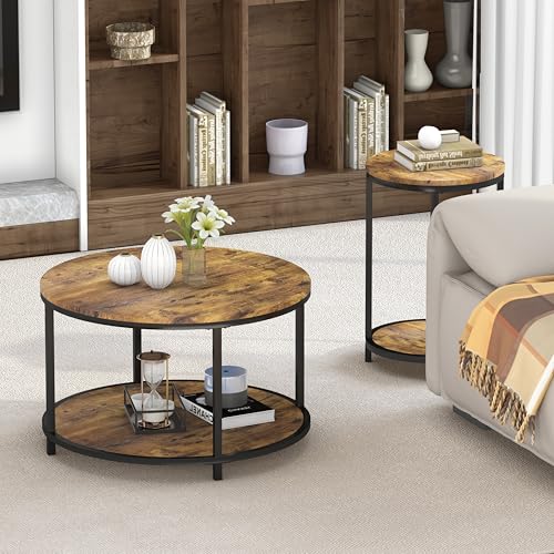 Image of NSdirect Round Coffee Table, 25.6 inch Small Coffee Table for Living Room,2-Tier Rustic Wood Desktop with Storage Shelf Modern Design Home Furniture(Brown)