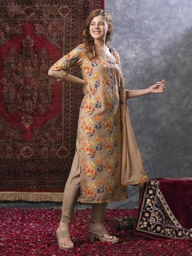 Image of GoSriKi Women's Cotton Blend Printed Straight Kurta and Pant with Dupatta Set