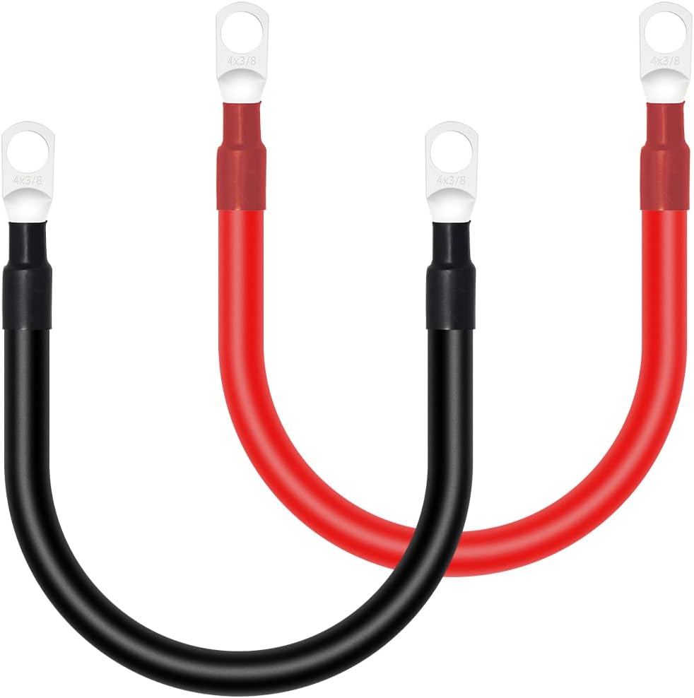 4 Gauge Battery Cable 1FT Tinned Copper Welding Cable with 3/8” Lugs for Energy Inverter Automotive Photo voltaic Battery(Detrimental and Constructive Wire)
