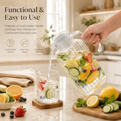 Image of Bellemax Premium Glass Water Jug - 1.8 LTR, Transparent, Hot Cold Water Pitcher with Lid Water Jug, Iced Tea, Milk and Juice Beverage Carafe, Lemon Jug, 1.80 Liter (TM-17)