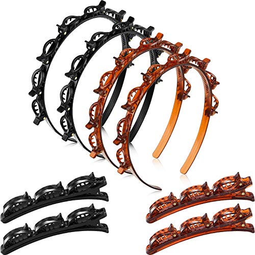 18 Pieces Double Layer Twist Plait Headband Hair Tools Set, Includes 6 Pieces Double Bangs Hairstyle Hairpin Headband Multi-layer Hollow Woven Headband and 12 Pieces Alligator Clips for Women