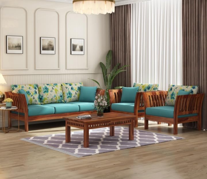 Image of Solid Sheesham Wood 5 Seater Sofa Set for Living Room | 5 Seater Sofa Set | Stylist & Comfact Sofa Set for Home Decor | (Teak Finish, 5)