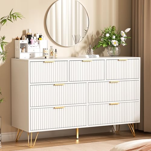 Image of Furniway Dresser for Bedroom, Modern Fluted 47.2 inch Wide Chest of Drawers with Gold Pulls and 7 Drawers, 15.7 inch D x 47.2 inch W x 31.4 inch H, White