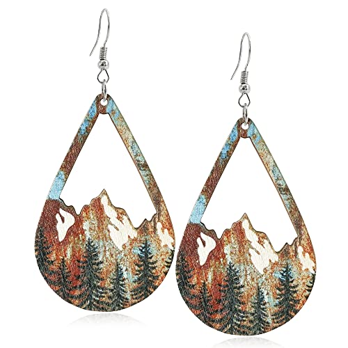 Handmade Bohemian Colorful Vintage Nature Wooden Mountain Dangle Drop Earrings Boho Lightweight Wood Hollow Teardrop Hook Earring with Tree Pattern for Women Statement Outdoor Enthusiast Jewelry Gifts
