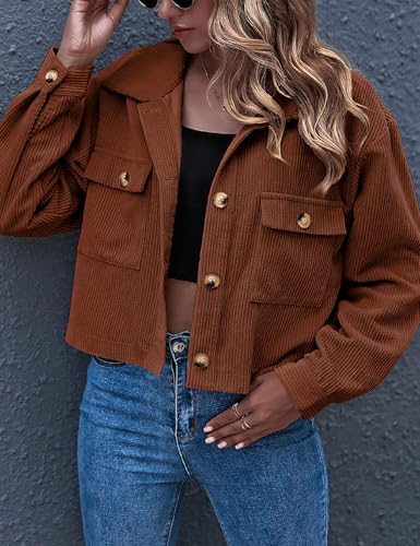 Flygo Women Fashion Cropped Jacket Corduroy Shacket Button Down Shirt Crop Jackets Lightweight 2024 Trendy Fall Shackets(Brown-S)3