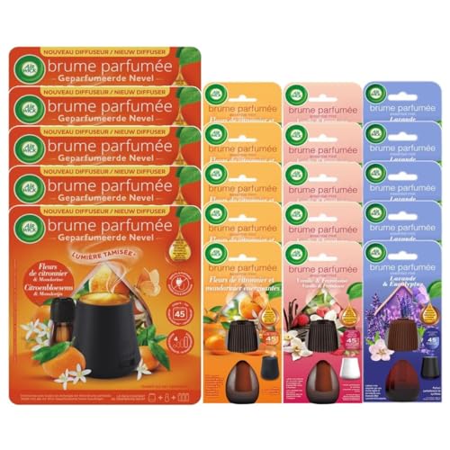 Air Wick Brume - Lote de 5 difusores luminosos, flor de limonero, 20 ml + 15 recargas: 5 flores de limonero + 5 vainilla y frambuesa + 5 lavanda y eucalipto