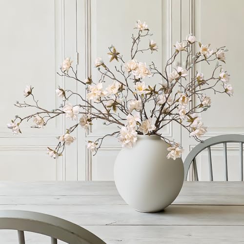 HyeFlora 3PCS Artificial Magnolia Flowers Stems for Spring Decoration Faux Champagne Magnolia Branches with Buds 34.5 Long Stems Floral Arrangement for Vase Pot Table Centerpiece Indoor Decor