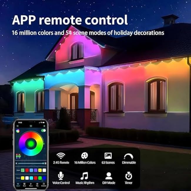 Permanent Outdoor Lights Pro, 50ft RGB-IC LED Eaves Lights, IP67 Waterproof with Smart App&Remote Control,for Christmas,Party, Daily, Halloween and All Holiday Decor