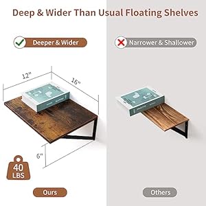 Axeman deep floating shelves 16w x 12d rustic wood floating shelves set of 2 12 inch deep large floating shelves for wall decor hanging shelves for farmhouse kitchen bathroom bedroom rustic brown  urban country home decor