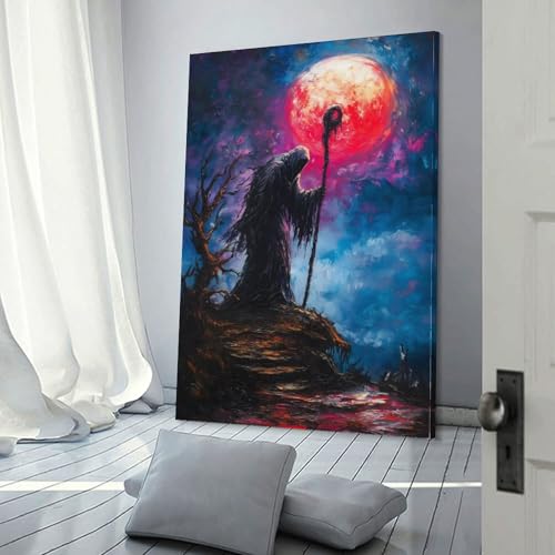 Affiche sur toile lune de sang et silhouette sombre décoration murale 30x45 cm