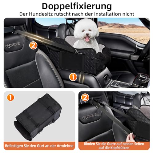 GGW Auto-Hundesitz für Kleine Hunde & Katzen | Sicherer Hunde-Sitz mit Doppelter Befestigung, Wasserdicht, Seitentaschen & Schnellmontage (Passt zu 99% Mittelarmlehnen) (Leder-Schwarz, Normaler Stil)