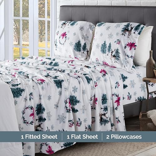 Elegant Comfort Luxuriously Soft 4-Piece Holiday Velvet Plush Flannel Sheet Set - Premium Quality - Cozy Warm, Christmas Fuzzy Velvet Flannel Fleece Deep Pocket Sheet Set - King, Christmas Wreath