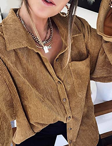 Saslax Womens Corduroy Shirt Long Sleeve Oversized Button Up V Neck Blouses Tops Loose Shacket Jacket With Pockets Brown Small #TOP5