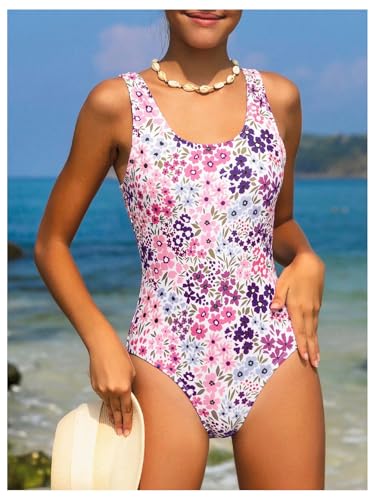 Image of Girl's Floral One Piece Swimsuit Boho Scoop Neck Bathing Suit Beachwear