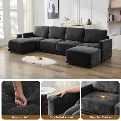 Image of 143.8 inch Modular U Shaped Sofa, Oversized Sectional Cloud Couch, 6 Seater Deep Seat Couches with 2 Movable Ottomans, Comfy Thickened Sofas for Living Room, Chenille Black
