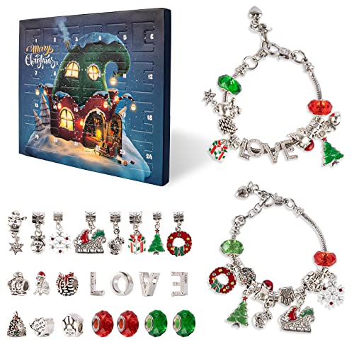 Taekooki Calendario de Adviento 2022 Niños Niñas Pulseras, 24 días de Navidad Cuenta atrás Calendario Set Navidad DIY Charm Bracelet con 22 DIY Charm Beads 2 Pulseras Cover