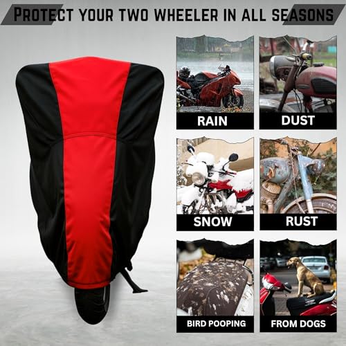 Image of All Weather Protection Two Wheeler Cover for Ather Energy 450 Apex, Scooter & Scooty | Anti Dust, 100% Water Resistance, Heat Resistant, UV Proof - Triple Stitched | (Black Top Red)