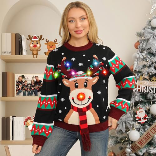 Ugly Christmas Sweater Women Men,Light Up Christmas Sweater For Couples,Funny Cute Reindeer Led Xmas Tacky Sweaters 3 Ugly Christmas Sweater Women Men