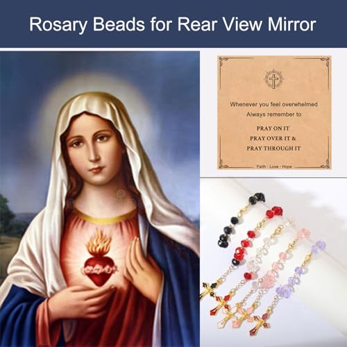 Image of Car Rosary for Rearview Mirror,Rosary for Car Mirror Hanging,Catholic Religious Gifts for Women Men,Auto Rearview Catholic Rosary Hanging Pendant with Virgin Mary Charm,interior Cars Accessories (Bla)