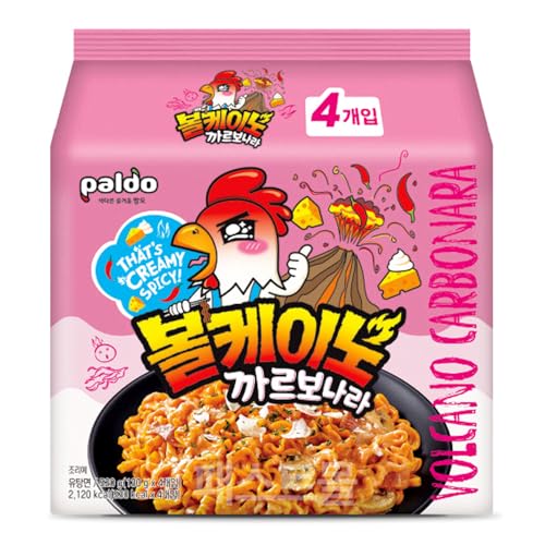 Volcano Carbonara Spicy Cream Noodles 130g (Pack of 4) – Korean Hot Instant Ramen with Rich Cheese Sauce