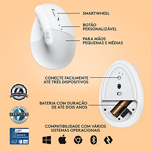 Mouse Sem Fio Logitech Lift Vertical com Design Ergonômico para Redução de Tensão Muscular, Cliques