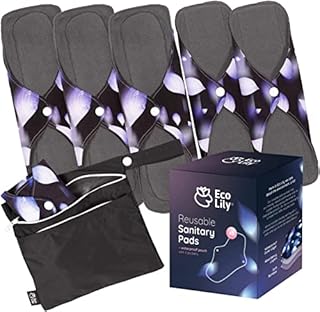 Eco Lily Reusable Sanitary Pads (6Pk for Heavy Flow)  Odour-Absorbing Charcoal Bamboo Pads for Women Sanitary Towels  Reusable Pads Menstrual with Waterproof Wet Bag