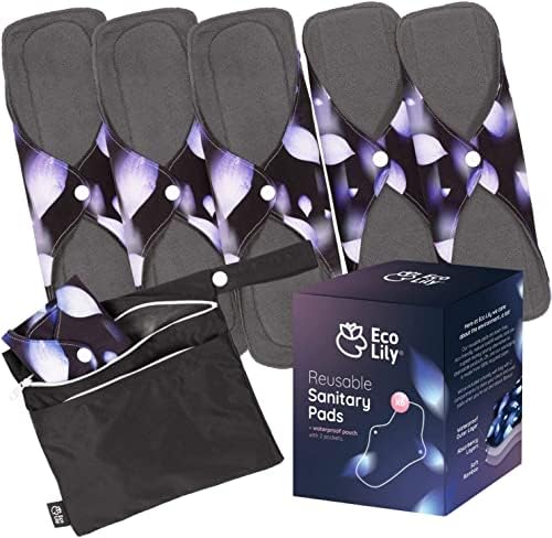 Eco Lily® Reusable Period Pads - Cloth Menstrual Pads - Sanitary Pads (6Pk for Heavy Flow) – Leakproof Odour-Absorbing Charcoal Bamboo Pads with Waterproof Wet Bag