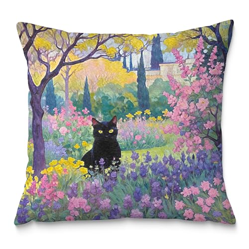 Fuasei Spring Garden Black Cat Pillow Covers 18x18, Cats Lovers Lady Gifts, Cat Mom Grandma Gifts, Vintage Floral Cats Decorative Pillow Covers for Home Bedroom Living Room Office Decor
