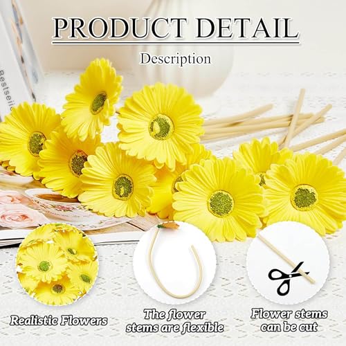 Image of CURATED CART Gerbera Daisy Flowers - Pack of 5 Yellow Faux Blooms, 30cm Tall | Real Touch PU Petals with Bendable Green Stems | Artificial Flower Bouquet for Home, Kitchen, Office (Yellow) (No Vase)