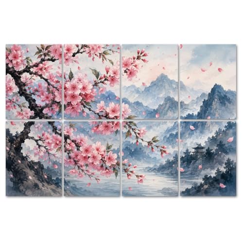 Paneles Acústicos Decorativos VVLUXIDECO 8 Piezas 48"x32" Absorbentes de Sonido con Diseño de Árbol de Cerezo y Paisaje en Acuarela miniatura 1