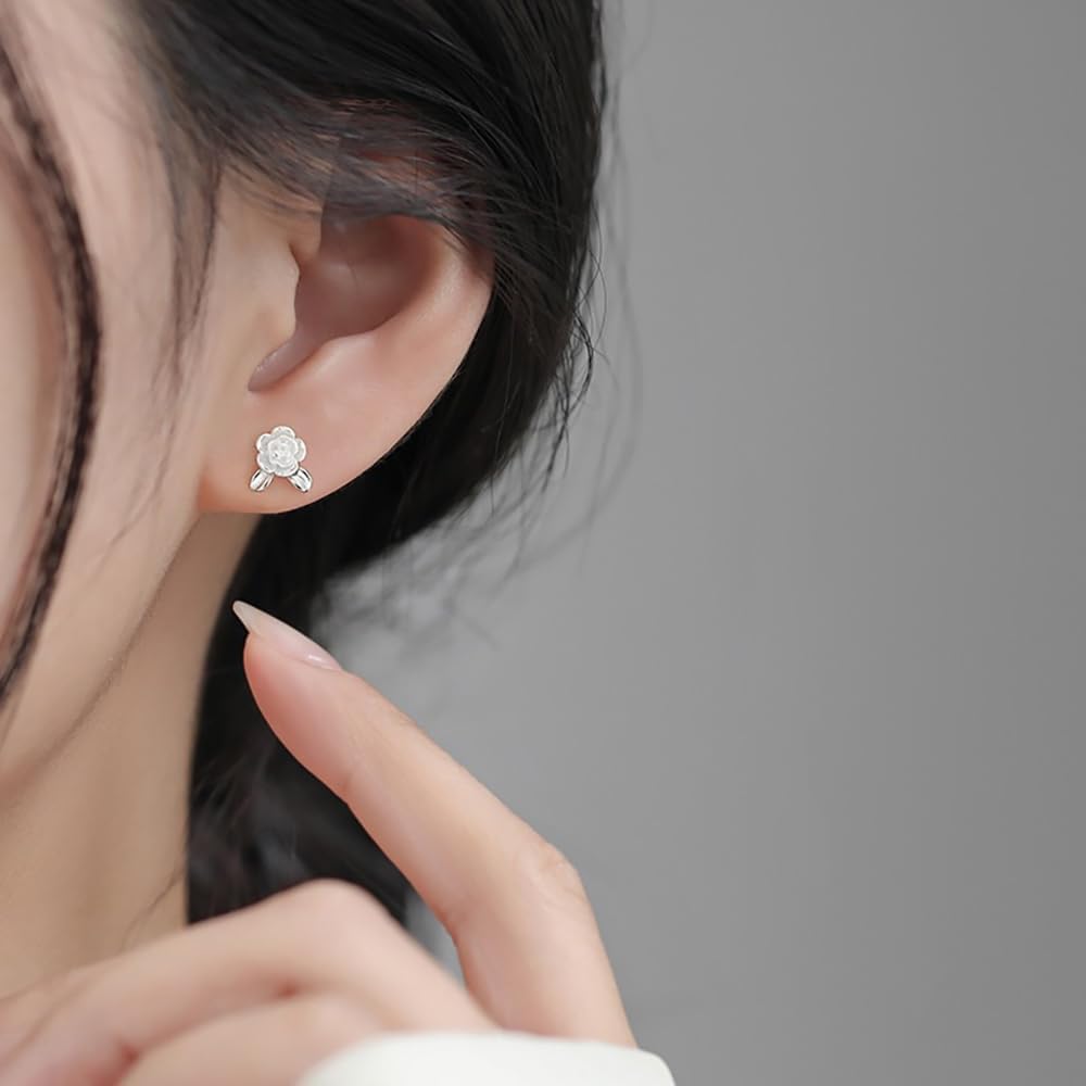 Solid 925 Sterling Silver Rose Stud Earrings Flower for Women Teens Leaf Stud Earrings Flower Hypoallergenic - Image 2