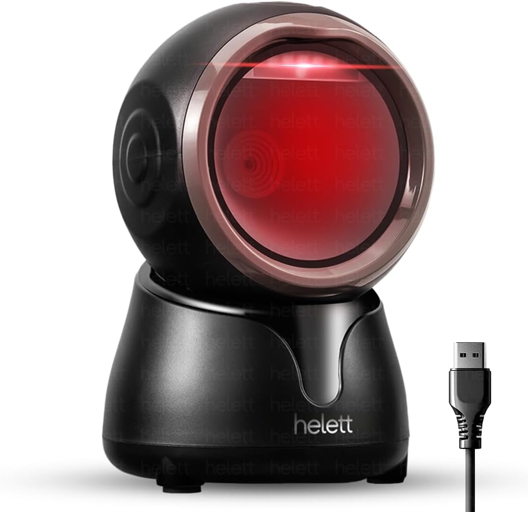 Helett HT15e Hands-Free 2D&1D USB Desktop Barcode Scanner with 300K CMOS Global Exposure Scan Engine |Larger Scan Window|Adjustable Angle|Buzzer LED|Resolution:640×480|Strong ABS|1Year Warranty(Black)