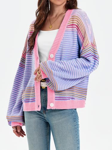Saodimallsu Womens Striped Cardigan Sweaters Oversized Puff Sleeve Button Up V Neck Color Block Knit Sweater Coat3