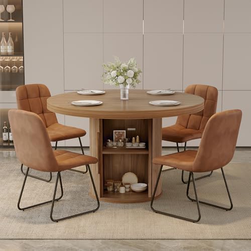 Image of 5-Piece Dining Set for Small Spaces 43.3 inch Round Table & 4 PU Leather Chairs, Modern Farmhouse with Storage Shelf, Apartment Kitchen Easy Assembly (Walnut Color Round Table + 4 U-Shaped Brown Chairs)