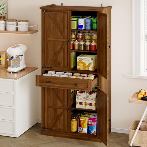 Image of BORNOON Pantry Organizers and Storage Cabinet, 67.71 inch Barn Door White Kitchen Cabinet with Drawers and Adjustable Shelf, Tall Pantry for Kitchen, Dining Room, Living Room