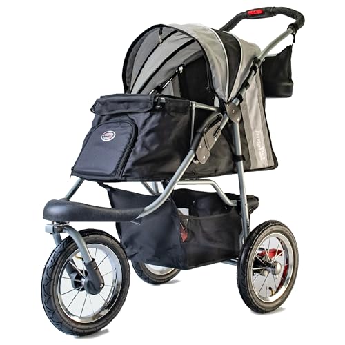 Hundebuggy Innopet Comfort Air Eco Schwarz/Silber – Hundewagen Katzenwagen mit 30cm Luftreifen, einhändig faltbar, für Waldwege geeignet – reflektierende Streifen, Organizer Vorderrad fixierbar
