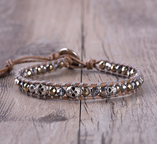 Image of KELITCH 925 Silver Skull Bracelets Wrap Bracelets Women Crystal Beaded Bracelets on Natural Leather