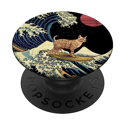 Gato mau egipcio Kanagawa Wave, divertido animal de surf PopSockets PopGrip Intercambiable
