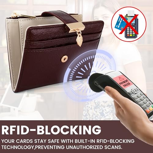 Image of Pomelo Best Wallet Women Bifold Leather Wallets for Women Credit Card Holder with ID Window Zipper Coin Pocket Dark Red