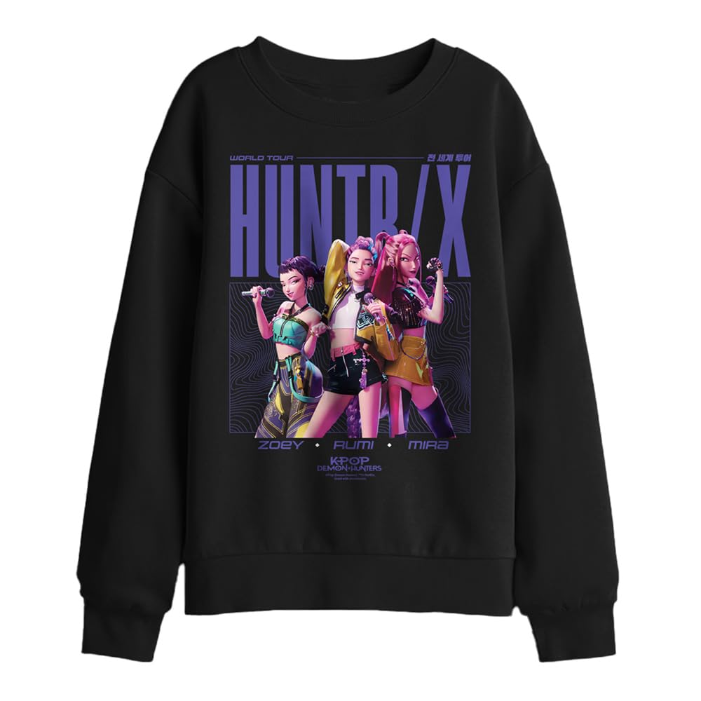 Kpop Demon Hunters Huntrix Honmoon World Tour Poster Kids Sweatshirt, Black, 7-8Y